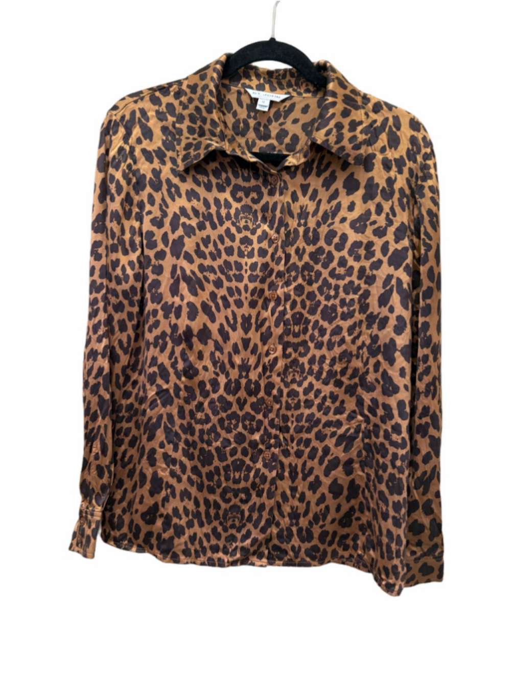 St. John Women’s Size 10 Leopard Print Silk Stretch Button Front Long Sleeve Blo